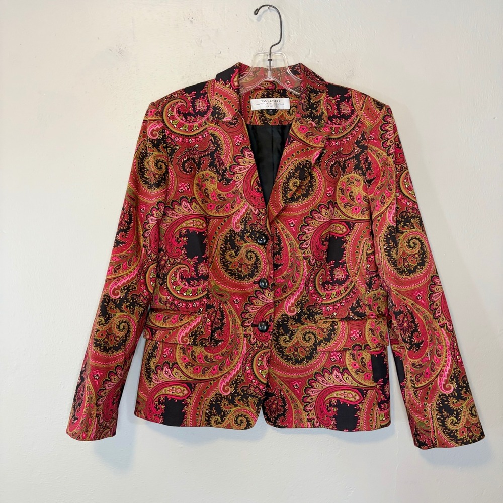 Tahari Arthur S Levine Petite Paisley Blazer Pink Red Multi Color Size 12P